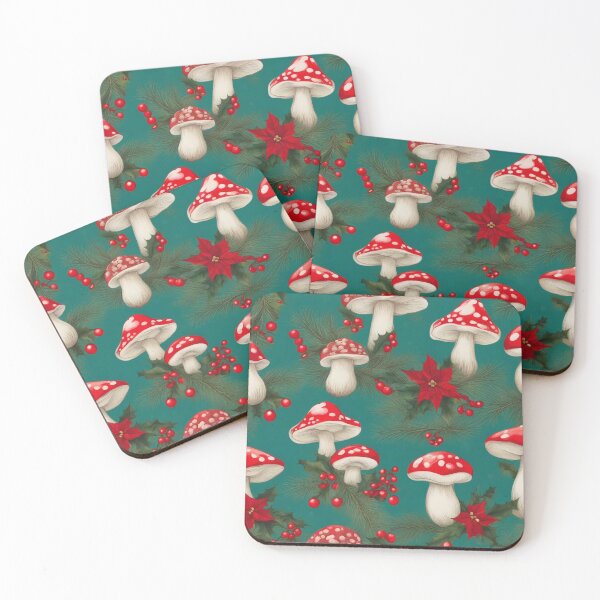 Item preview, Christmas Mushroom Poinsettia Teal Pattern designed and sold by SquirmArt.