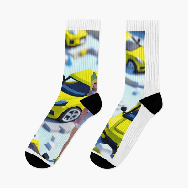 Item preview, doll looking blonde girl wearing white mini dress standing in front of a yellow sports car parked in the snow designed and sold by thebitsinc.