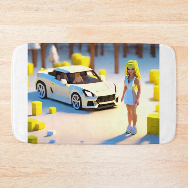 Item preview, doll looking blonde girl wearing white mini dress standing in front of a white sports car parked in the snow designed and sold by thebitsinc.