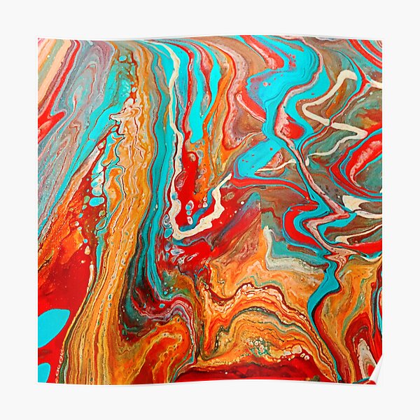 Red Orange Teal Paint Pour Poster