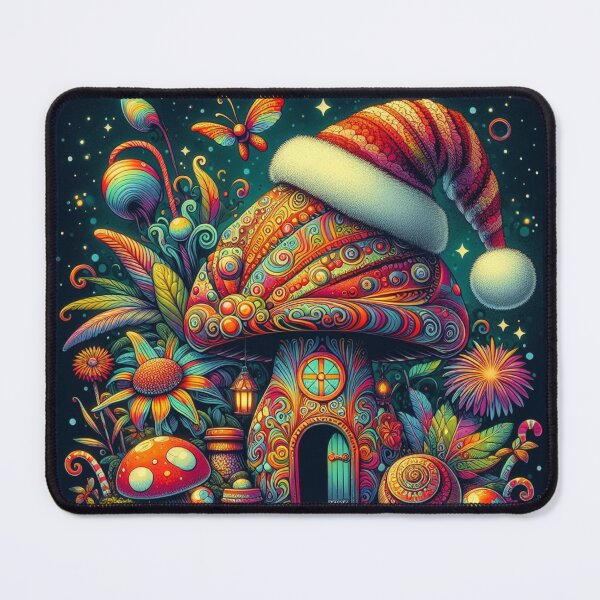 Item preview, Cottagecore Psychedelic Mushroom Christmas Cottage psilocybin Xmas Elf House Santa Hat designed and sold by CoffeeIsATrip.