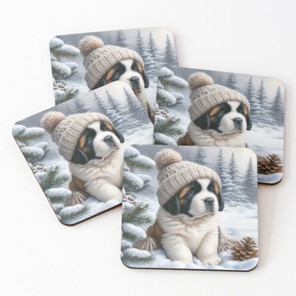 Aperçu de l'œuvre Chiot Saint Bernard en chapeau d'hiver et neige créée et vendue par Animals-on-me.