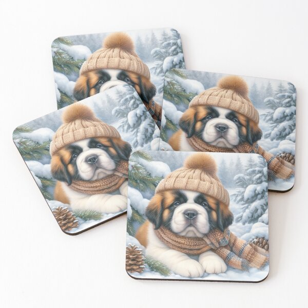Aperçu de l'œuvre Chiot Saint Bernard en chapeau d'hiver et neige créée et vendue par Animals-on-me.