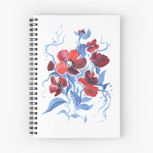 Aperçu de l'œuvre Fleurs rouges avec feuille bleue, lignes et points bleu clair, motif floral abstrait sur fond blanc créée et vendue par irusca_ artworks.