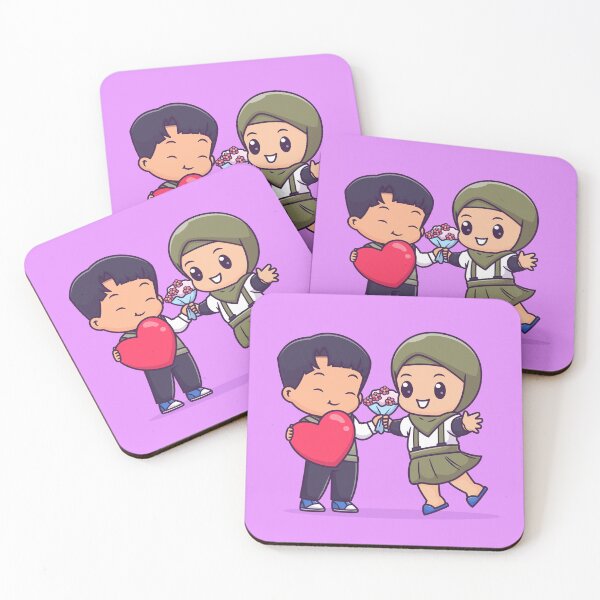 Item preview, "Love Blossoms: Cute Couple with Hijab Holding Heart and Flowers Cartoon Vector Illustration designed and sold by hjian8219.