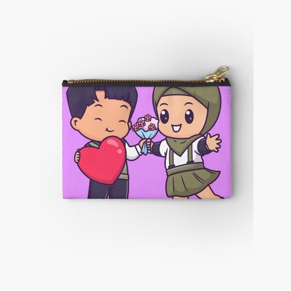 Item preview, "Love Blossoms: Cute Couple with Hijab Holding Heart and Flowers Cartoon Vector Illustration designed and sold by hjian8219.