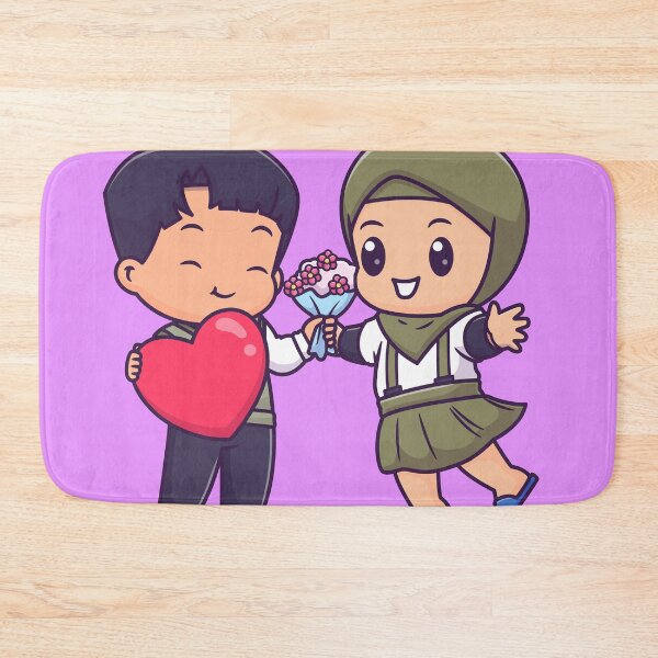 Item preview, "Love Blossoms: Cute Couple with Hijab Holding Heart and Flowers Cartoon Vector Illustration designed and sold by hjian8219.