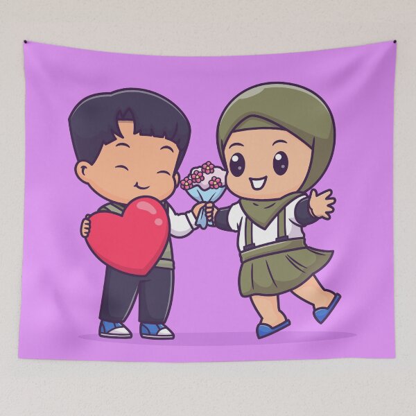 Item preview, "Love Blossoms: Cute Couple with Hijab Holding Heart and Flowers Cartoon Vector Illustration designed and sold by hjian8219.