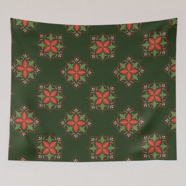Item preview, Hand Drawn Holly & Poinsettia Plant Christmas Ornament Pattern in Classic Red and Green designed and sold by gamboling.