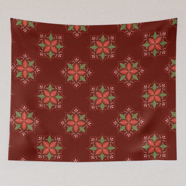 Item preview, Hand Drawn Holly & Poinsettia Plant Christmas Ornament Pattern in Classic Red and Green designed and sold by gamboling.