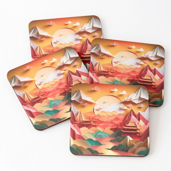 Artikelvorschau, Wunderschöne orientalische Landschaft im Origami-Papierfaltdesign-KI-Kunstwerk entworfen und verkauft von FRTcreative.