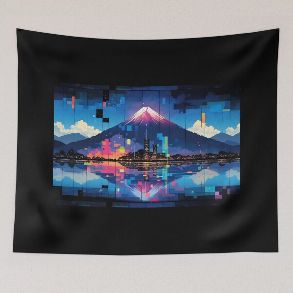 Item preview, Rainbow modern Mount Fuji reflects in Lake Kawaguchi made from a collage of sparsely arranged rectangular paper cut-outs in bright colors, art inspirations designed and sold by Gabi.Media.