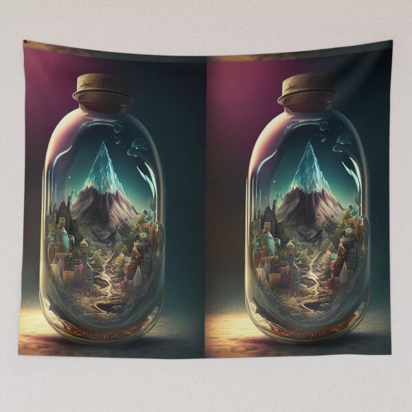 Item preview, Weird Provocative Art Original Artwork Mountain Town Inside a Bottle A219 designed and sold by MPCFICTION.