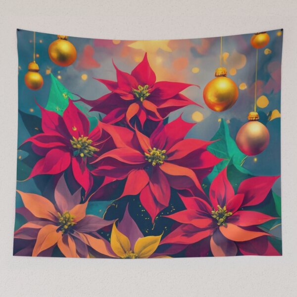 Item preview, illustration flowers yellow pink green blue vivid, photography art full color image of poinsettia Christmas background, colorful lights, smoke, 3D rendering, vivid fashion, photography, 3D designed and sold by gulka8.