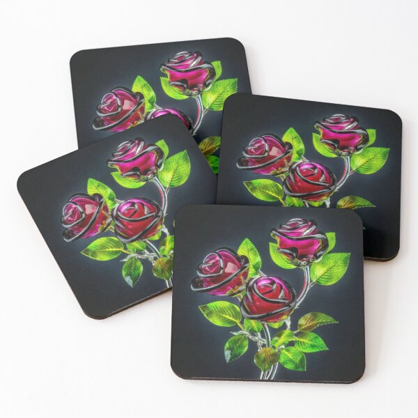 Item preview, logo pattern illustration flowers rose black burgundy Three magenta art glass roses placed on a luminous metal branch with leaves. , vivid, painting, conceptual art designed and sold by gulka8.