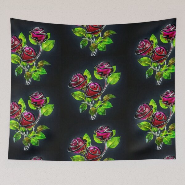 Item preview, logo pattern illustration flowers rose black burgundy Three magenta art glass roses placed on a luminous metal branch with leaves. , vivid, painting, conceptual art designed and sold by gulka8.