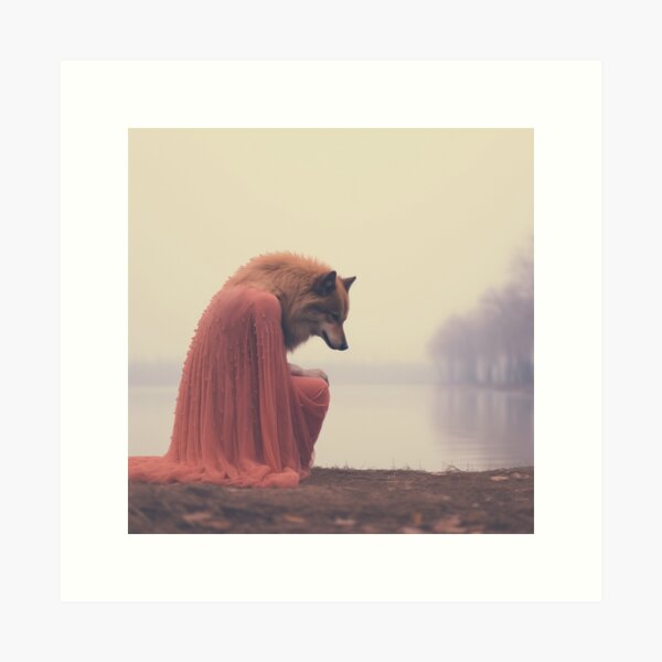Wolf with red dress on shore of lake Art Print