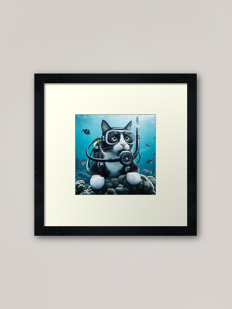 Thumbnail 2 of 7, Framed Art Print, Scuba Cat designed and sold by barnabys.