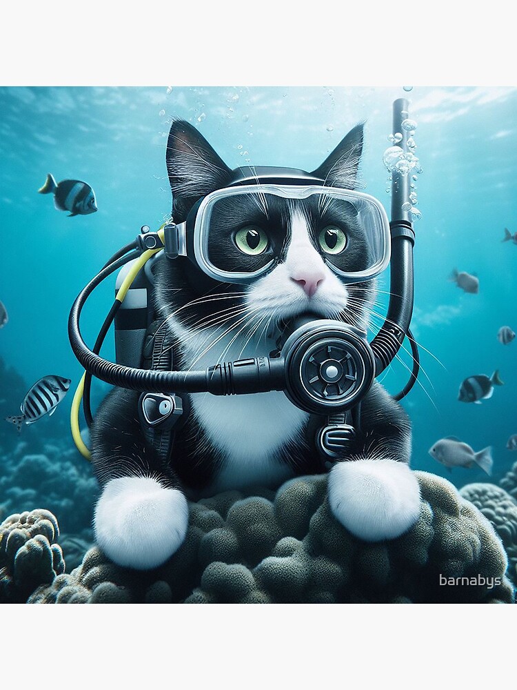 Thumbnail 7 of 7, Framed Art Print, Scuba Cat designed and sold by barnabys.