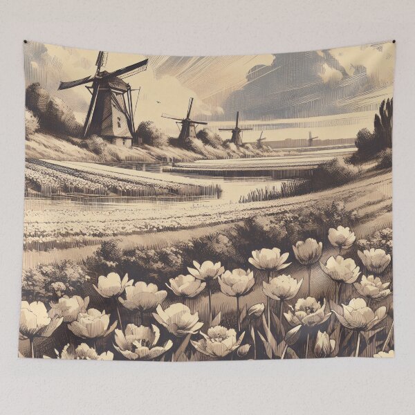 Item preview, Whispers of Windmills Amidst Blossoming Tulips designed and sold by PictorialWhimsy.