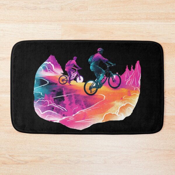 Item preview, NEON mountain bikers bike over colorful rocks designed and sold by WallGemsArt.