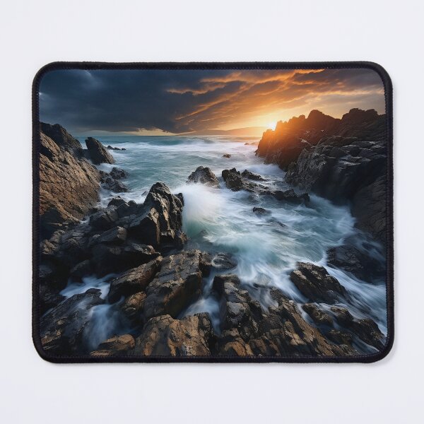 Item preview, Rocky beach at sunset in long exposure - Landscape photography designed and sold by TheArtistOf2022.