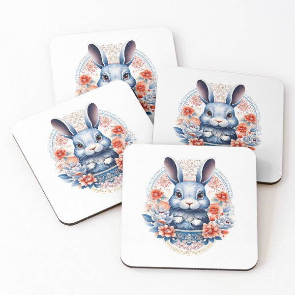 Item preview, Vintage Red and Blue Rabbit-Year of the Dragon- chinese Zodiac Theme- white Background designed and sold by CosmicNook1.