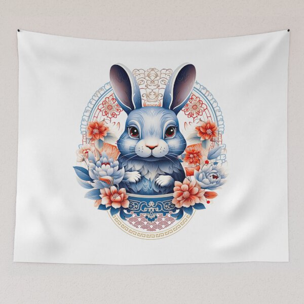 Item preview, Vintage Red and Blue Rabbit-Year of the Dragon- chinese Zodiac Theme- white Background designed and sold by CosmicNook1.