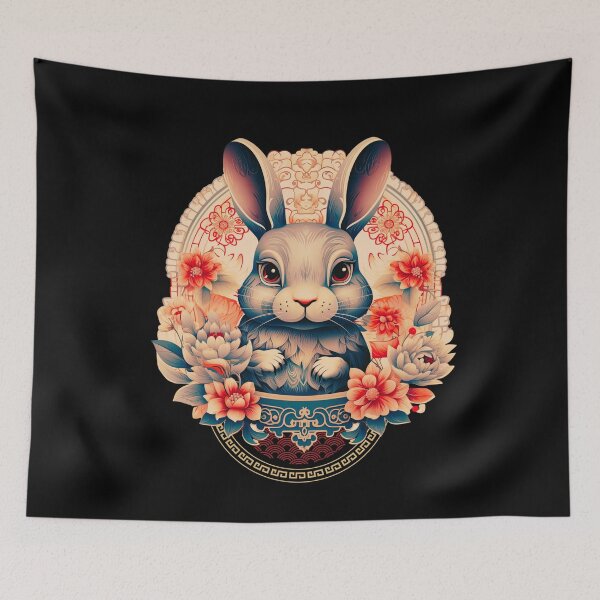 Item preview, Red and teal Rabbit-Year of the Dragon- chinese Zodiac Theme-black Background designed and sold by CosmicNook1.