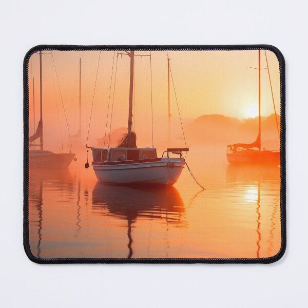 Artikelvorschau, Boote im Hafen bei nebligem Sonnenaufgang - Landschaftsfotografie entworfen und verkauft von TheArtistOf2022.