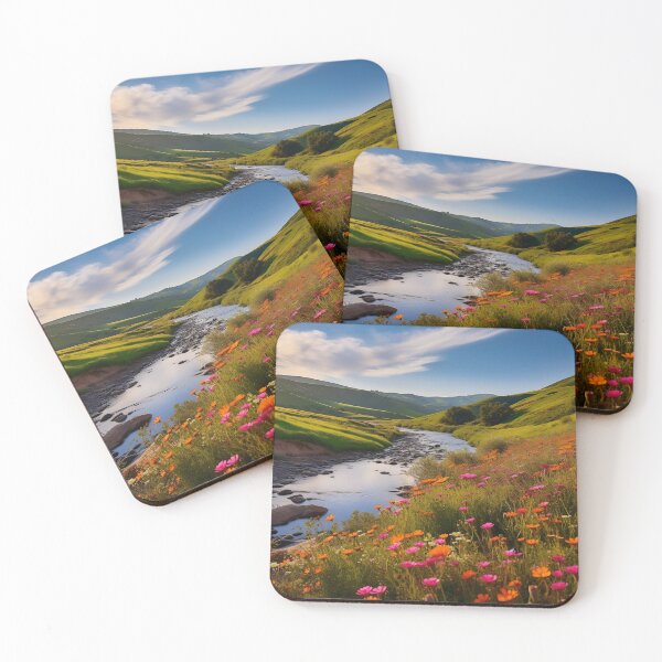 Item preview, Fields and hills of flowers with river - Landscape photography designed and sold by TheArtistOf2022.