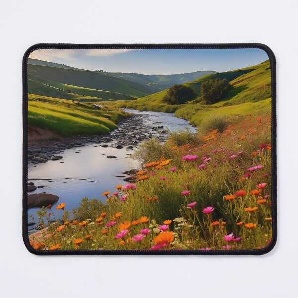 Item preview, Fields and hills of flowers with river - Landscape photography designed and sold by TheArtistOf2022.
