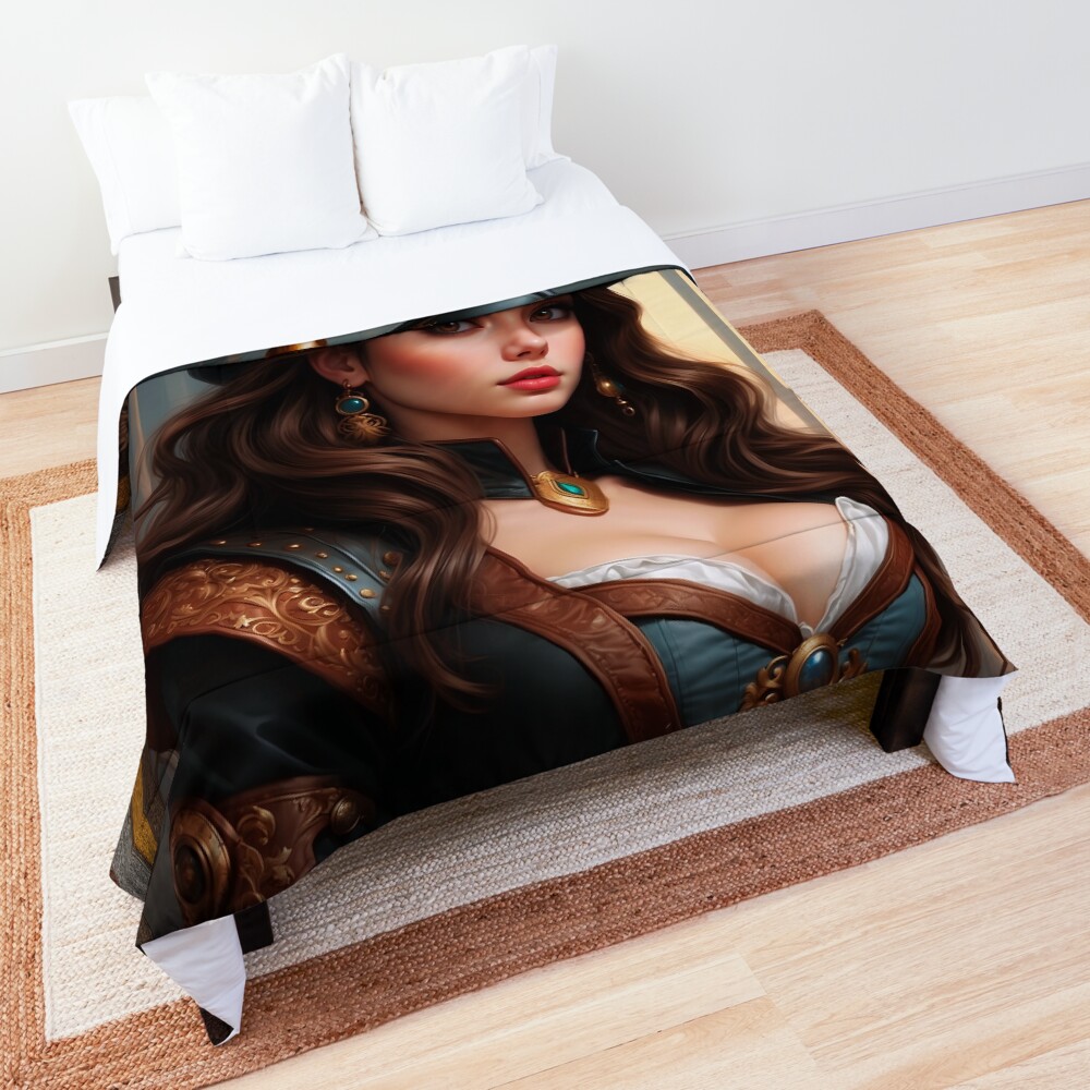 I Am Full Of Secrets Steampunk Anime Girl Enchanting Portrait AI Concept Art by Xzendor7 Decorative Comforter Art Print