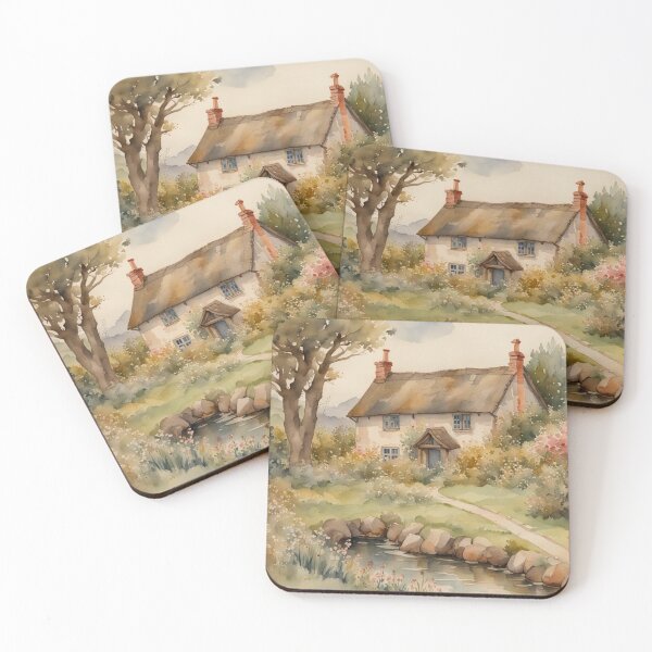 Item preview, Traditional Old English White Cottage in Spring Watercolor designed and sold by MeadowFarmPrint.