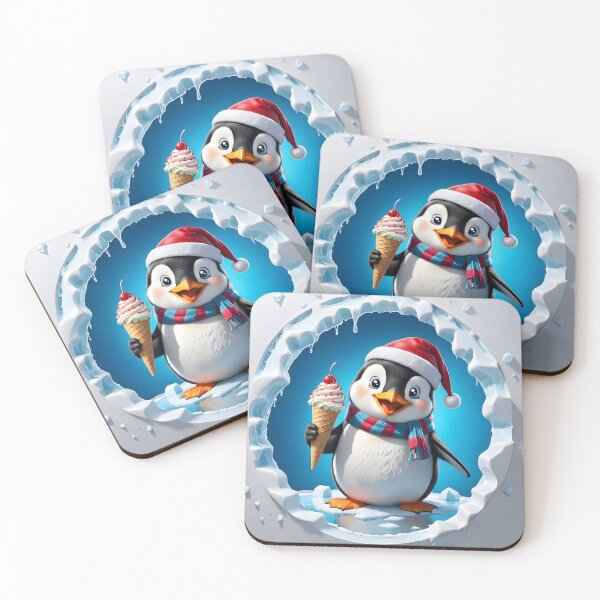 Item preview, A smiling penguin wearing a Santa hat and a scarf eating ice cream popping out of a round cartoon hole through a white ice cracked wall designed and sold by Niktarka.