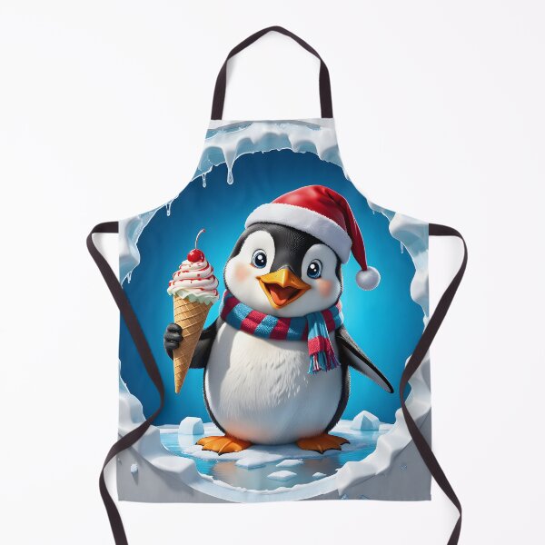 Item preview, A smiling penguin wearing a Santa hat and a scarf eating ice cream popping out of a round cartoon hole through a white ice cracked wall designed and sold by Niktarka.