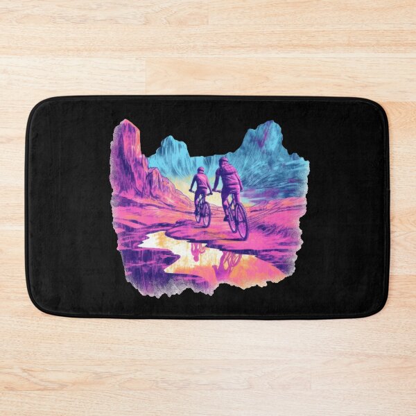 Item preview, NEON mountain bikers ride through colorful uneven terrain designed and sold by WallGemsArt.