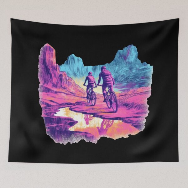 Item preview, NEON mountain bikers ride through colorful uneven terrain designed and sold by WallGemsArt.