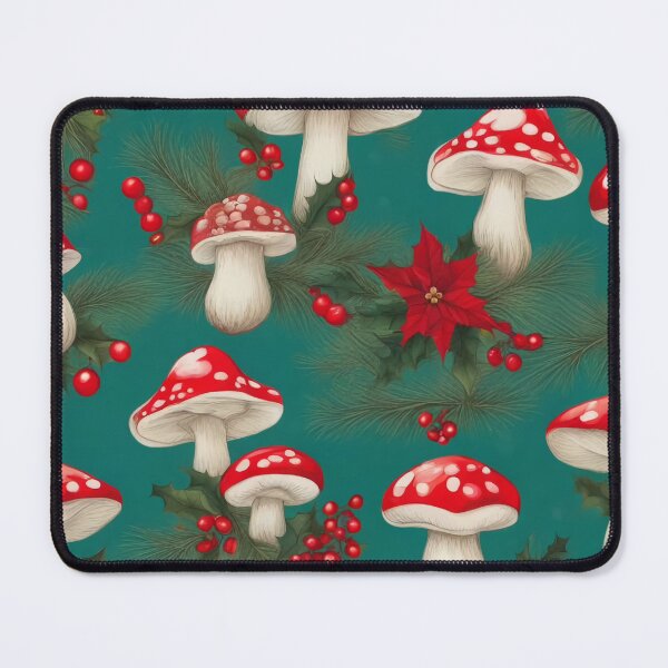 Item preview, Christmas Mushroom Poinsettia Teal Pattern designed and sold by SquirmArt.