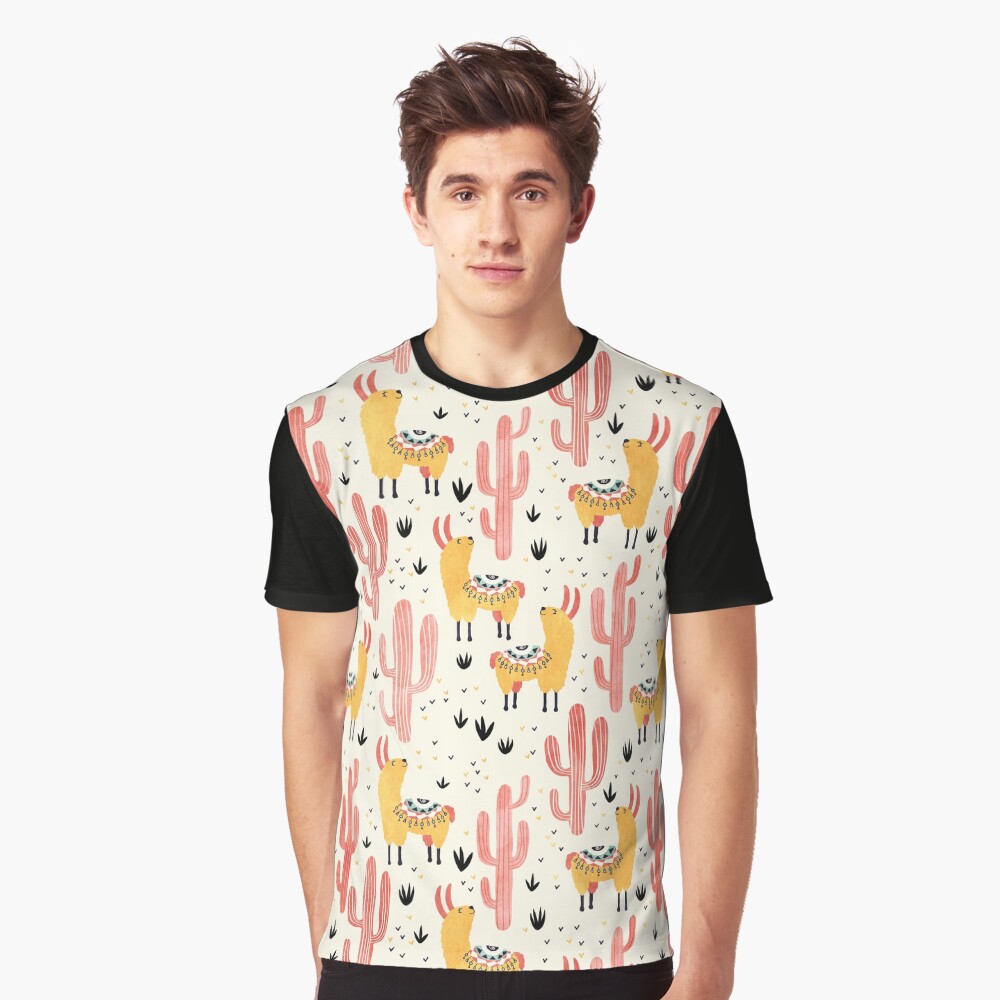 Yellow Llamas Red Cacti Graphic T-Shirt