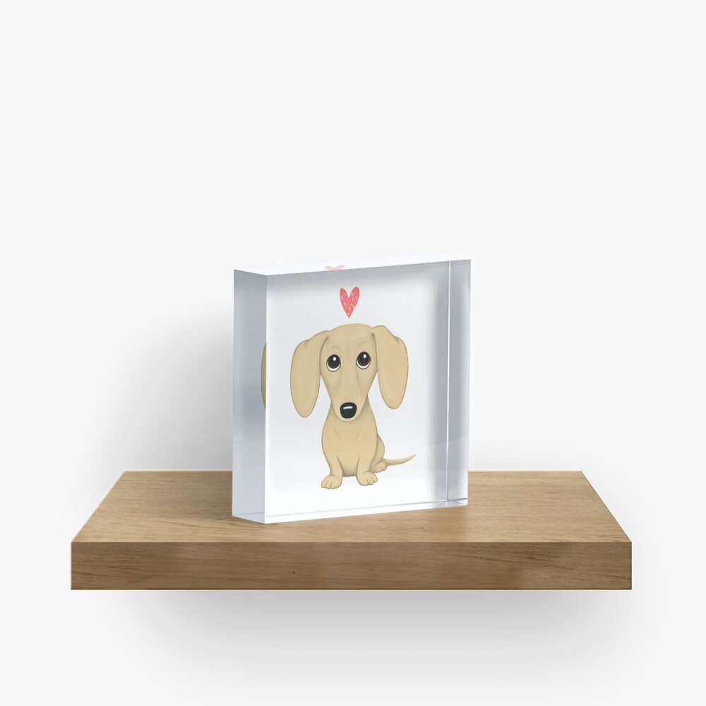 Cream Smooth Coated Dachshund Dog Cartoon with Heart Acrylic Block