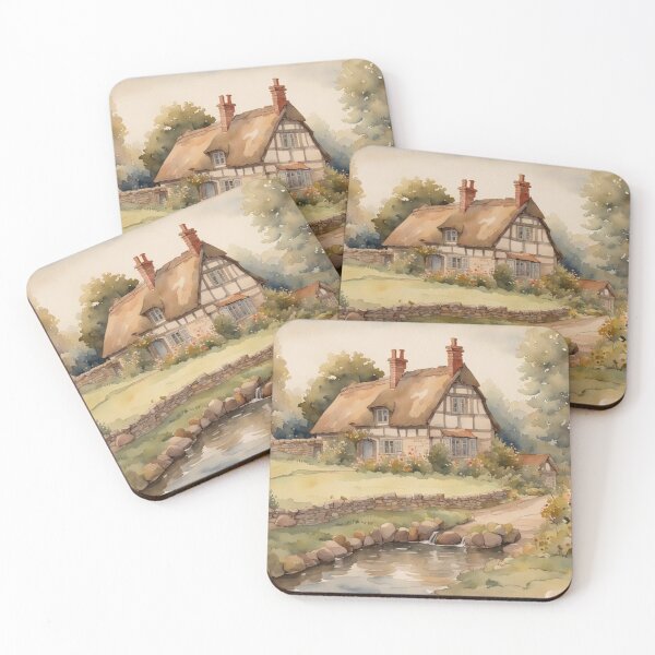 Item preview, Traditional Old English Medieval Cottage in Summer Watercolor designed and sold by MeadowFarmPrint.