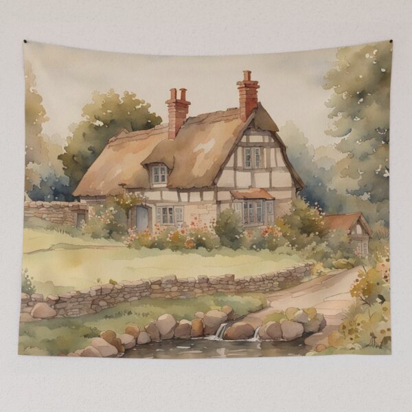 Item preview, Traditional Old English Medieval Cottage in Summer Watercolor designed and sold by MeadowFarmPrint.
