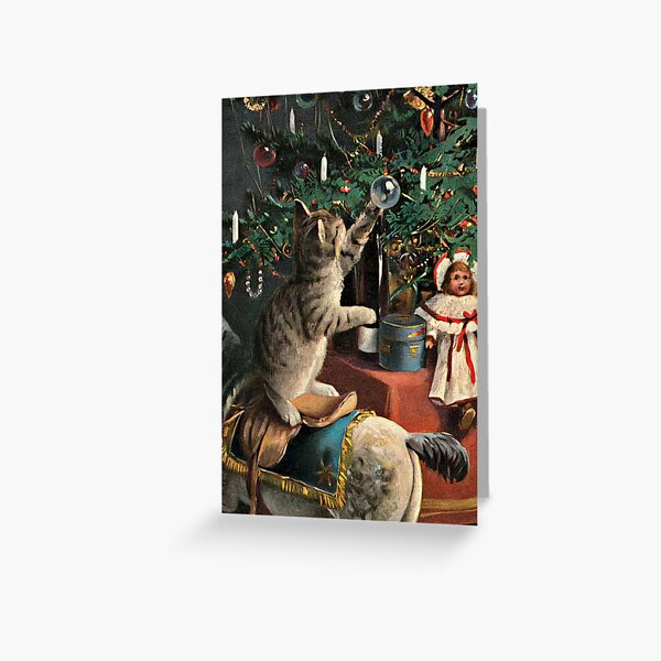Item preview, Vintage Tabby Cat Playing With The Tree - Victorian Merry Christmas Greeting Card 1900s  designed and sold by Arwen-Art.
