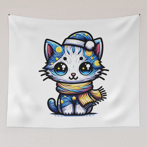 Item preview, Van Gogh Starry Night Style Kawaii Cute Cat For Christmas designed and sold by CandyDroidMerch.