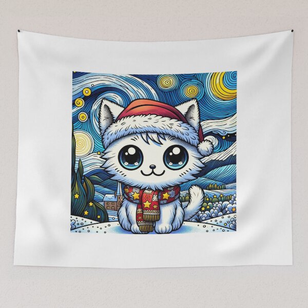 Item preview, Van Gogh Starry Night Style Kawaii Cute Cat For Christmas designed and sold by CandyDroidMerch.