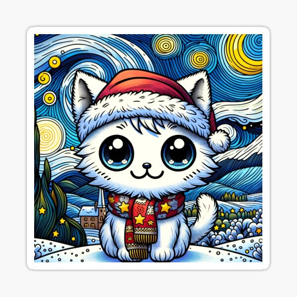 Item preview, Van Gogh Starry Night Style Kawaii Cute Cat For Christmas designed and sold by CandyDroidMerch.