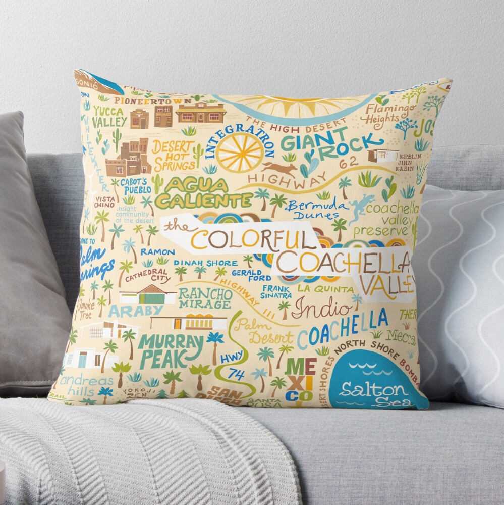 Coachella Valley Illustrated Map - Palm Springs, Joshua Tree Throw Pillow