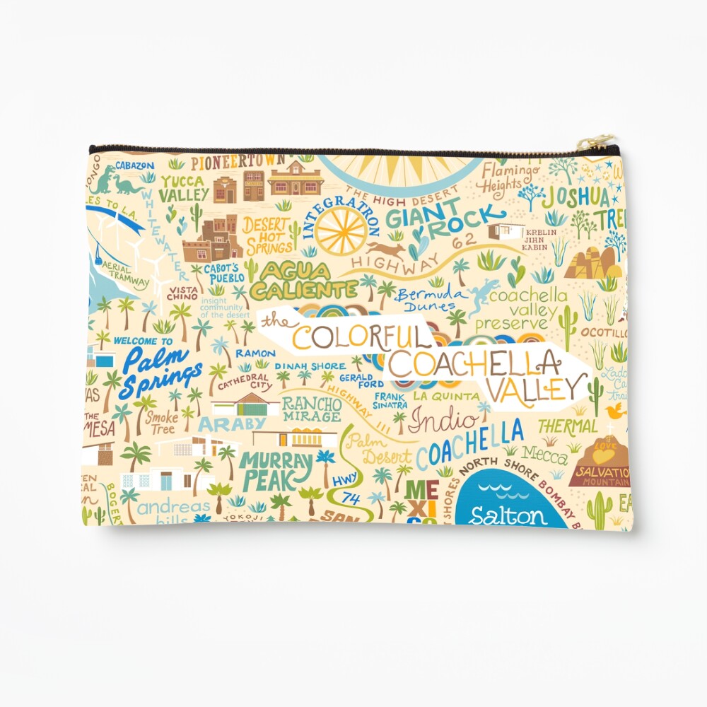 Coachella Valley Illustrated Map - Palm Springs, Joshua Tree Zipper Pouch