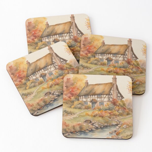 Item preview, Traditional Old English Medieval Cottage in Autumn Watercolor designed and sold by MeadowFarmPrint.
